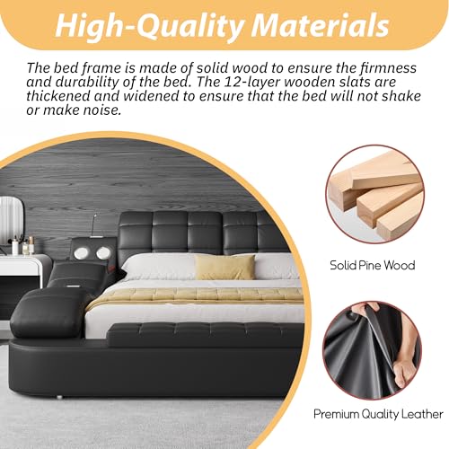 Luxury King Bed Frame PU Leather Bluetooth USB AF, view 7
