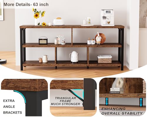 Bookshelf, Farmhouse 63” Long Open Book Shelf, Wood Metal 5 Cube Bookcase for Living Room, Low Horizontal Bookshelf for Bedroom, Wide Cubby Storage Organizer for Home Office, Rustic Brown, 63 Inch