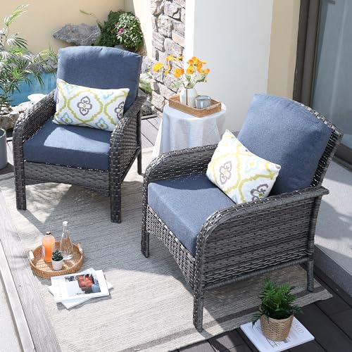2-Piece Patio Furniture Set, Outdoor Wicker Sofa with Chairs, High Back Rattan Chair with Comfy Cushions for Porch Yard Deck, Denim Blue