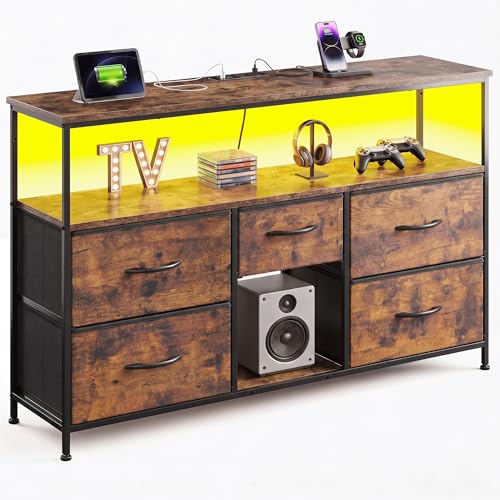 TV Stand for 45/50" TVs, 5 Drawers & LED Lights & Power Outlets | Strong Metal Frame for Stability, Spacious Shelves Display Collections & Keep Organized, Dresser for Bedroom & Studio, Brown