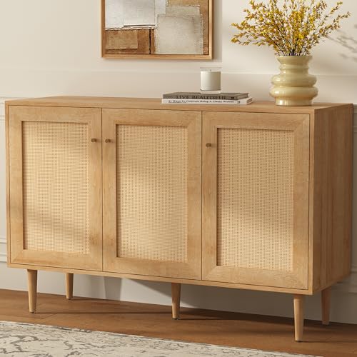 Rattan Storage Cabinet with 3 Doors, Boho Sideboard Buffet Cabinet Wooden Farmhouse Credenza Cabinet with Adjustable Shelves for Living Room Kitchen Entryway Hallway, Natural Oak