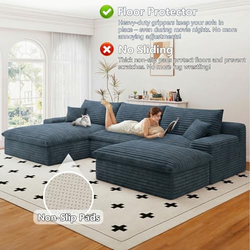 107" Cloud Couch Modular Sectional Sofa for Living Room, U-Shape Boneless Couch with Deep Seat, Modern Corduroy 3-Seater with Ottoman, No Assembly Required (Blue,Left-Facing Chaise)