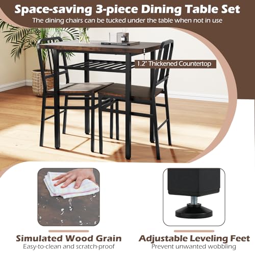 3-Piece Dining Table Set, Rectangular Kitchen Table with Storage Rack and 2 Dining Chairs, Heavy-Duty Metal Frame, Space-Saving Dinette Set for Breakfast Nook, Apartment (Brown + Black)