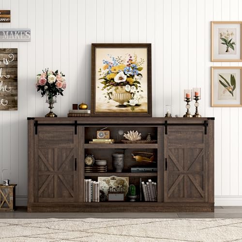 66" Farmhouse TV Stand for 75 Inch TV, 33" Tall Entertainment Center with Power Outlets & Sliding Barn Door, Wood TV Stands with Storage, TV Media Console for Living Room, Brown