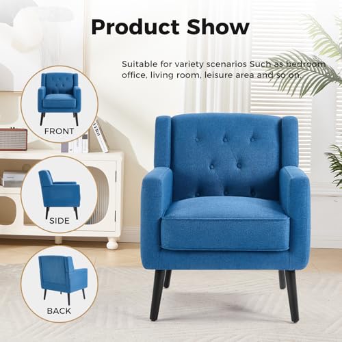 Accent Chair Set of 2, Comfy Reading Chair, Mid Century Modern Chairs, Tufted Upholstered Living Room Chair, Overstuffed Single Sofa Chair for Bedroom Waiting Room, Blue