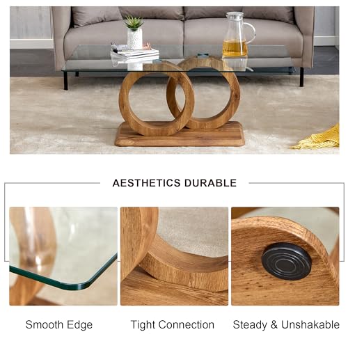 Glass Coffee Table for Living Room, Modern Tempered Glass Tabletop and MDF Legs, Small Modern Coffee Table. (Natural, Style 1)