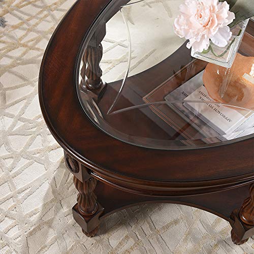 Solid Wood Oval Coffee Table with Glass Top&Shelf, 44.9"W*34"D | Cherry Walnut Wood Glass Sofa Center Table for Home Office, Vintage Cocktail Table with Storage Shelf, Fits Any Styles