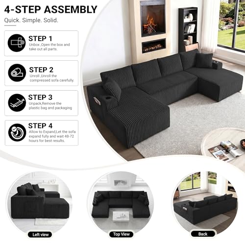 125" Cloud Couch Sectional, Modular Sofa with Cup Holder and Storage Pocket, Corduroy U Shaped Boneless Sofas, Couch in a Box, No Assembly Required, Black Couches for Living Room