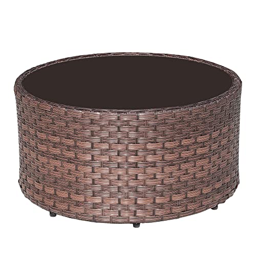Brown round wicker outdoor coffee table with tempered glass top, view 2
