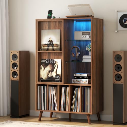 Large Record Player Stand w/Power Outlet & LED Lights, Holds Up 350+ Albums, view 8