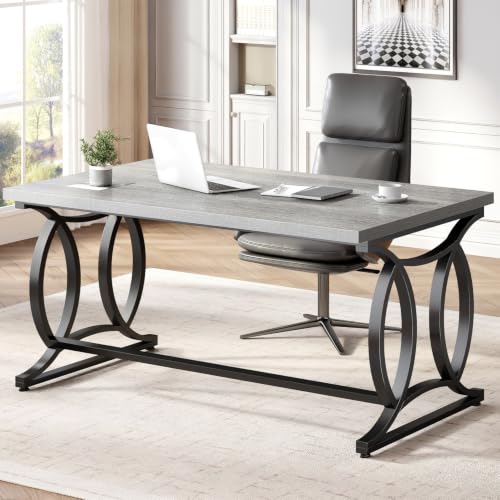 Home Office Computer Desk, Modern Wood Metal Writing Desk, Gray, 55Inch, view 2