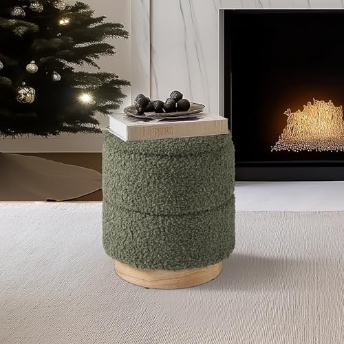 Round Ottoman with Storage, Modern Boucle Ottoman Upholstered Foot Stool with Wood Base, Vanity Stool Chair, Footrest Extra Seat for Living Room Bedroom Entryway (Olive Green)