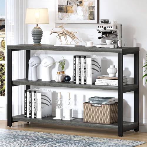 47 Inch Rustic Metal and Wood Entryway Table, Console Table Behind Couch with 3 Tier Storage Shelves, Sofa Table for Living Room Hallway Foyer, Industrial Grey