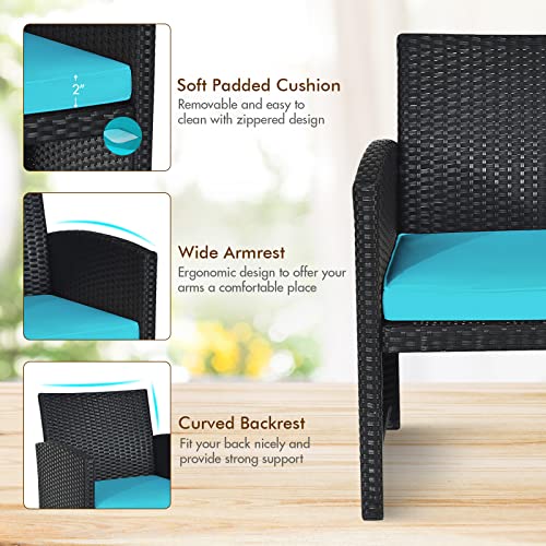Rattan Patio Furniture Set 4 Pieces, Outdoor Wicker Conversation Sofa and Table Set with Soft Cushions & Tempered Glass Coffee Table for Balcony Garden Backyard (Turquoise)
