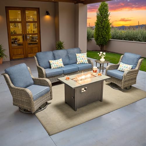 5-Piece Patio Furniture Set with Swivel Chairs Side Table, Outdoor Wicker Sofa with 42" Fire Pit Table, High Back Couch Modern Conversation Sets, Grey/Denim Blue