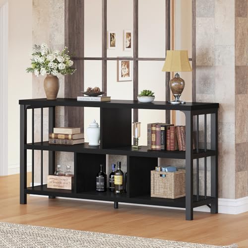 Horizontal Cube Book shelf, Industrial Modern Open Bookshelf, Low Wide Home 5 Cube Storage Organizer Long Shelf for Bedroom, Short Wood and Metal Cubby Book Shelf for Living Room, Black Oak, 47 In