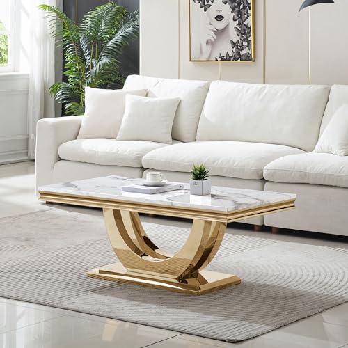 Luxury Faux Marble Coffee Table, 47" White Sofa Coffee Table with 0.71" Thick Marble Tabletop and Gold Mirrored Stainless Steel Base, Modern Cocktail Table Center Table for Living Room Office