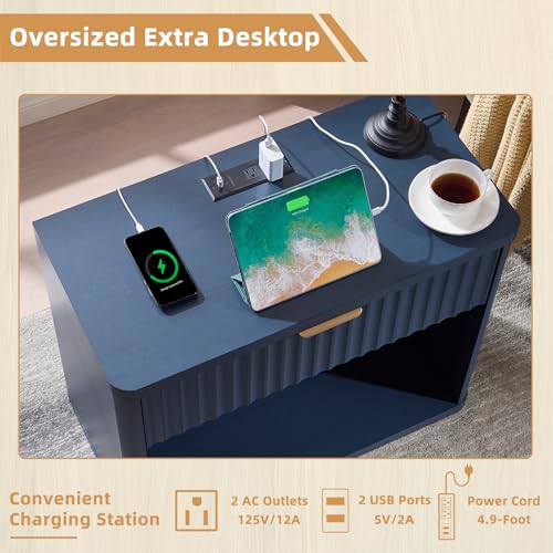 31" Wide Fluted Nightstand with Charging Station, Oversized Extra Large 1 Drawer Night Stand with Golden Handle, Blue Wood Bedside Table Tall End Tables,for Bedroom, Living Room, Hallway