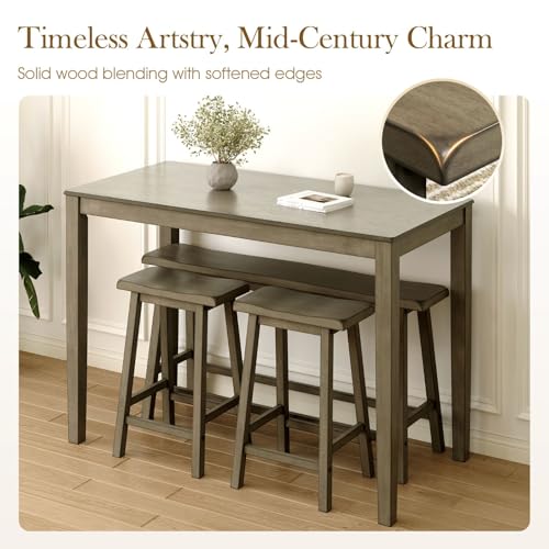 Dining Table Set for 4, Counter Height Table and Chairs, Kitchen Table Set with Bench and 2 Chairs, Small Breakfast Bar Dining Set, Smoky Brown