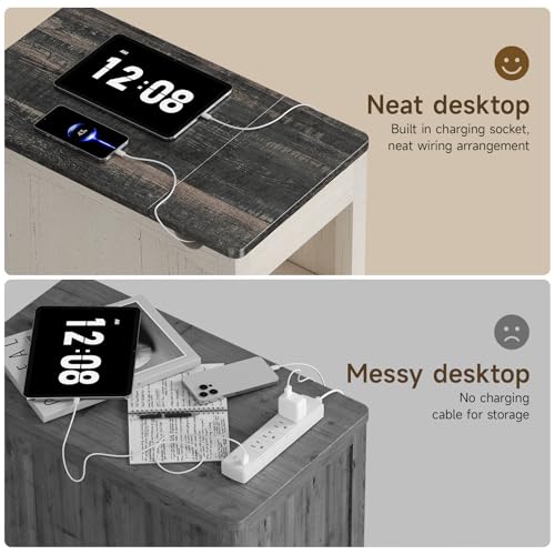 Farmhouse End Table with Charging Station, Narrow Side Table with Barn Door, Rustic Wood Sofa Side Table with Drawer and Storage Cabinet, 23.5" Small Nightstand for Living Room (Rustic White)