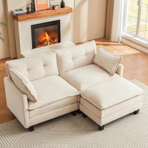 76.5" L-Shaped Modular Sectional Sofa, Beige Corduroy | Cloud Couch for Living Room, 2 Seater Deep Seat Convertible Sleeper Sofa with 1 Movable Ottomans and 2 Leg Height Options