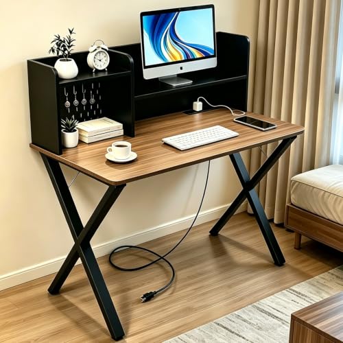44"×24" Black Computer Desk with Charging Ports & Hutch Pegboard, view 2