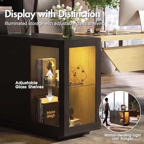 74.4" L-Shaped Executive Desk w/ Power Outlets & Glass Display Cabinet, Large Office Desk w/ 3 Drawers & File Cabinet, Corner Computer Desk Business Workstation for Home Office (Black + Light Wood)