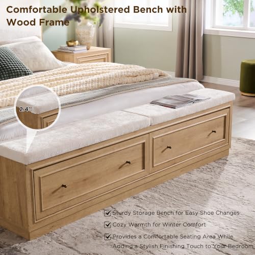 King Bed Frame w/Upholstered Headboard,Storage Bench,Natural Oak, view 7