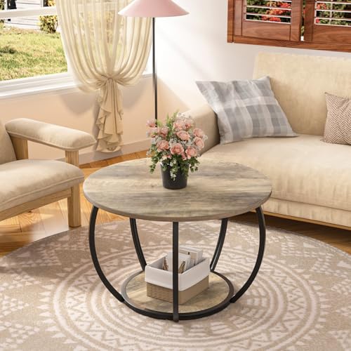 27.6 Inch Round Coffee Table with 2-Tier Storage | Center Table Living Room & Apartment Farmhouse Decor, Stable Waterproof Scratchproof Top, Lightweight Easy Assembly Gray Wash
