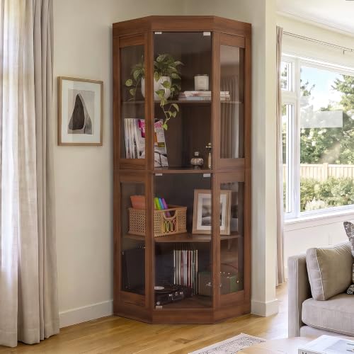 70''H Tall Corner Cabinet with Glass Doors, Walnut, view 8