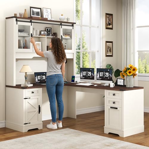 68.9'' Farmhouse L Shaped Desk with Hutch and Drawers, view 8