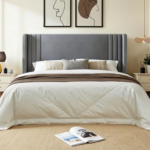 Full Size Modern Upholstered Velvet Bed Frame with Vertical-Striped Wingback, view 2
