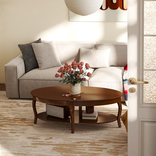 Coffee Table with Storage Oval Solid Wood Coffee Table Antique Farmhosue Living Room Table Rustic Center Table for Living Room Guest Room Reception Room Waiting Room, Brown Walnut Color