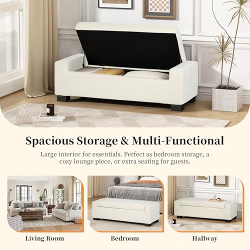 50" Ottoman Bench with Storage, Upholstered Seating Foot Rest Stool Furniture for Bedroom, Living Room, Entryway, White