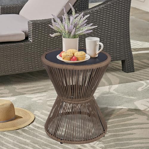 LEWIS&WAYNE Small Outdoor Side Table Patio 20’’ H Woven Rope Hourglass End Table with Glass Top Round Coffee Table for Living Room Outdoor Patio Backyard Poolside (Brown)