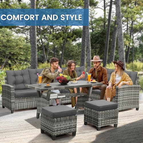 6 Piece Patio Furniture Set, Dining and Conversation Set, Grey | UV Treated Wicker, Machine Washable Cushions, Seats 7, 2 Ottomans, 3 Sofa Section, Dining Table, Rustproof Frame
