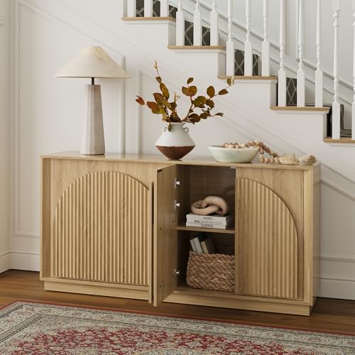 Fluted Sideboard Buffet Cabinet with Storage, 65" Modern Accent Cabinet with Double-Layered Arch Doors, Wood Boho Media TV Console Table Credenza for Living Dining Room Hallway Entryway, Oak