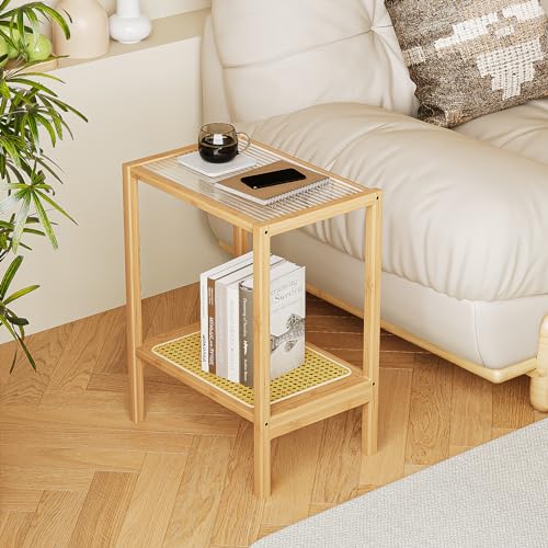 Side Table Nature Rattan Night Stand Glass End Table 2-Tier with Storage Boho Bedside Table for Small Spaces Bamboo Coffee Table for Bedroom Living Room