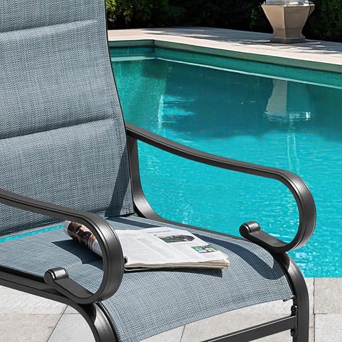Set of 2 Padded Textilene Patio Dining Chairs C Spring Outdoor Chairs with Curved Armrests Powder Coated Metal Frame Patio Furniture for Garden Backyard Poolside Lawn Blue and Black