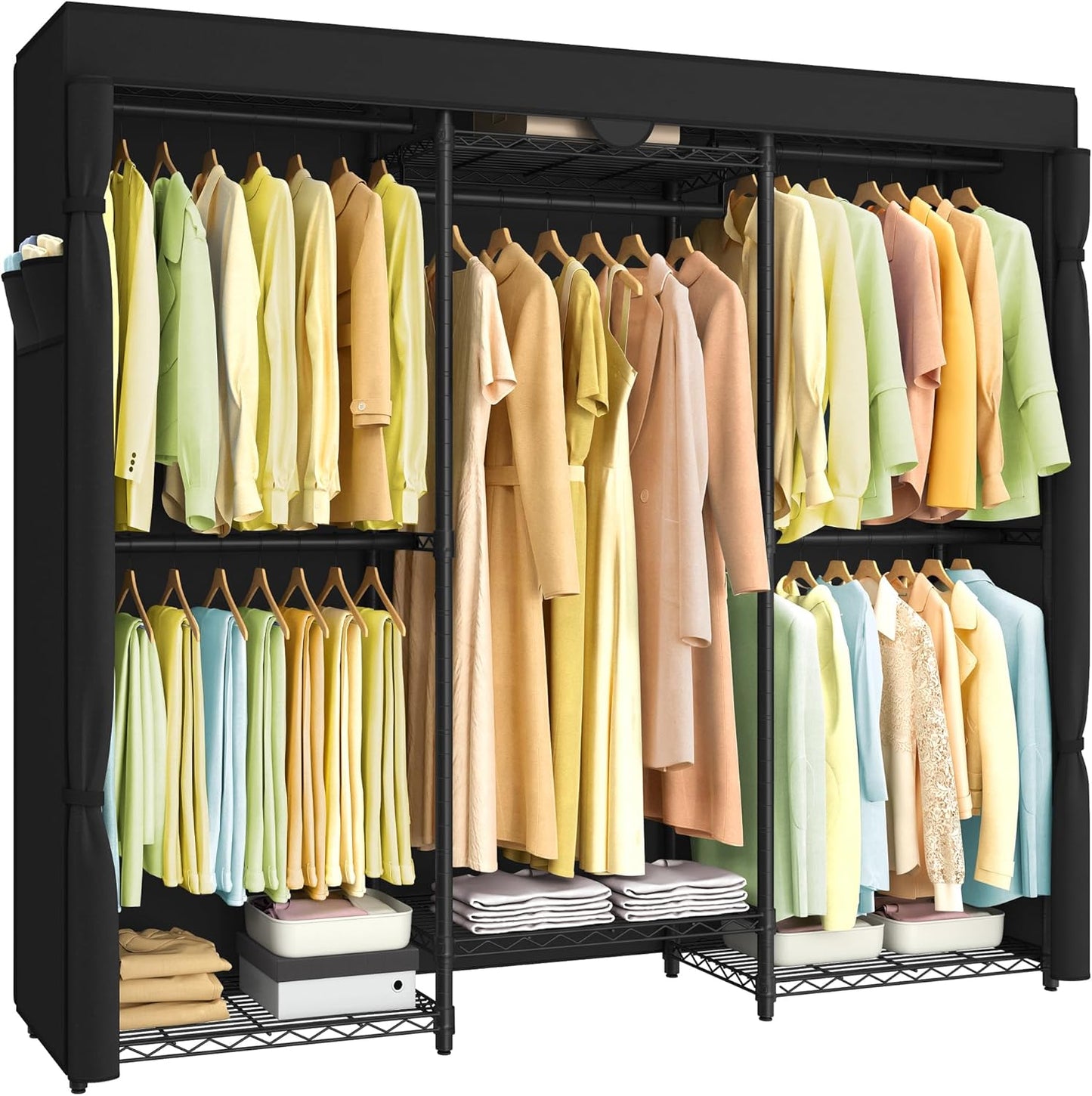 Heavy-Duty Clothes Rack, Garment Rack, Portable Closet, 68.7-Inch Wide Clothing Rack with Adjustable Mesh Shelves and Hanging Rails, Ink Black ULGR433B01