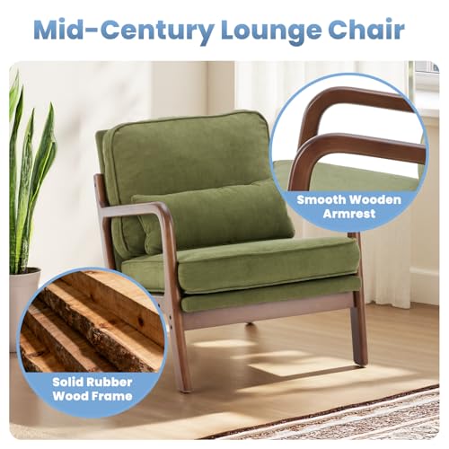 Mid Century Modern Accent Chair, Upholstered Low Armchair with Lumbar Pillow and Solid Wooden Frame, Lounge Chair for Small Living Room, Bedroom, Reading Nook, Green