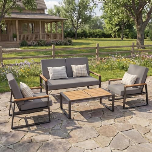 4-Piece Outdoor Patio Furniture Set with Coffee Table and Removable Cushions, Metal Patio Conversation Set for Family, Yard, Poolside (Gray)
