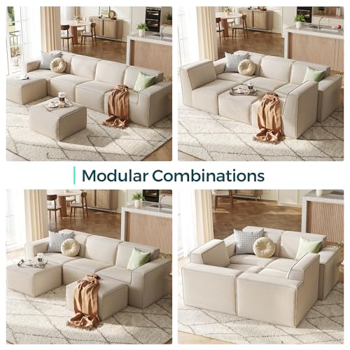 Modular Sectional Sofa, 134" Boneless Couch L Shaped 4-Seat Sofa with Movable Ottoman, Corduroy Sectional Cloud Couches for Living Room, No Assembly Required, Beige
