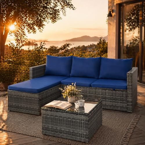 Small Outdoor Sofa Patio Furniture Set with Detachable Cushions, 3 PCS Patio Sectional Sofa with Coffee Table & 5 Position Adjustable,PE Rattan Patio Conversation Set, Silver Rattan/Royal Blue