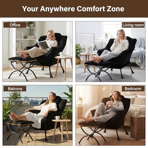 Lazy Chair with Ottoman, Modern Accent Chair with Armrests and a Side Pocket, Leisure Sofa Armchair, Reading Armchair with Footrest for Small Space, Black