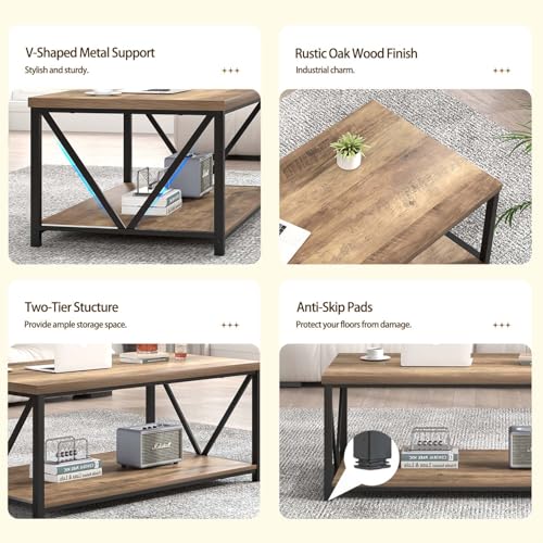 Coffee Table with Storage Shelf, Modern Industrial Metal and Wood Living Room Table, Small Rectangle Cocktail Tea Table for Bedroom Home Office, Rustic Oak, 39.3 Inch