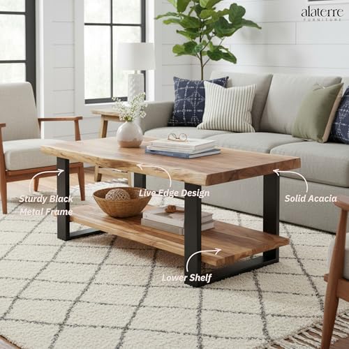 Alpine 2-Tier Live Edge Coffee Table – 42" Solid Acacia Wood with Natural Finish, Lower Shelf Storage and Metal Frame – Rustic Industrial Style for Living Room or Home Office