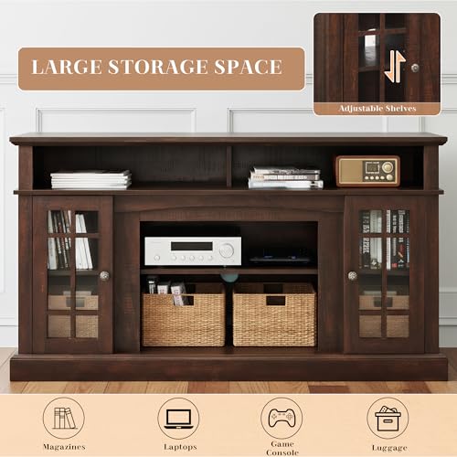 Traditional American Country Style TV Stand with Glass Door, 58"W Large Entertainment Center with Open Shelves, Home Entertainment Console Table for TV Up to 65'', Rack for Living Room (Espresso & 2)