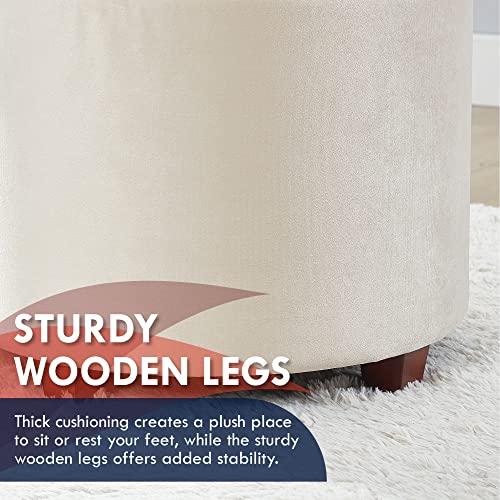 18" Round Storage Ottoman with Lid, Holds 300 lbs, Cream | Velvet Tufted Fabric; Foot Rest Stool & Vanity Chair For Living Room, Bedroom Or Entryway