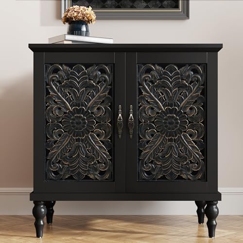 Accent Cabinet with 2 Doors, Vintage Carved Wood Storage Cabinet, Sideboard Buffet Cabinet with Storage Credenza for Living Room, Kitchen, Dining Room, Entryway, Hallway, Black